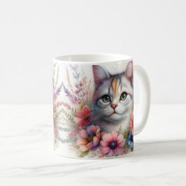 Caneca De Café Retrato de Gato Tricolor com Flores