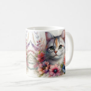 Caneca De Café Retrato de Gato Tricolor com Flores