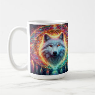 Caneca De Café Retrato de Lobo Colorido com Dreamcatcher