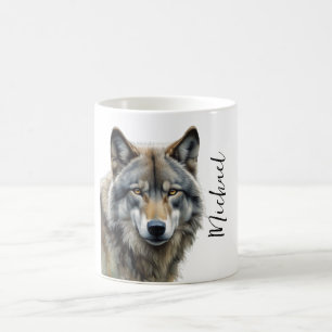 Caneca De Café Retrato de Lobo Seu Nome Personalizado à Mão