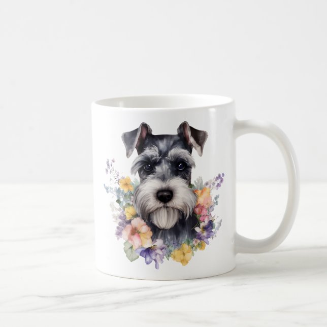 Caneca De Café Retrato de Schnauzer Fofo com Flores  (Direita)