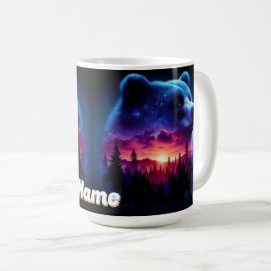 Caneca De Café Retrato de Urso com Dupla Exposição e Pôr do Sol V