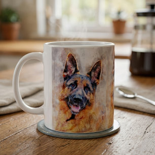 Caneca De Café Retrato em Aquarela de Cão Pastor Alemão