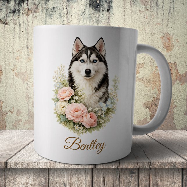 Caneca De Café Retrato Floral de Husky Siberiano (Criador carregado)