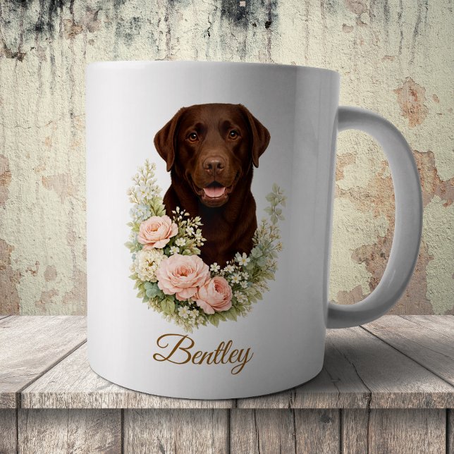 Caneca De Café Retrato Floral de Labrador Chocolate (Criador carregado)