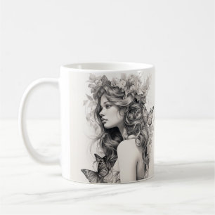 Caneca De Café Retrato Floral Elegante Mulher e Borboleta Café