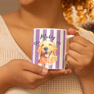 Caneca De Café Retrato Foto Nome do Animal Roxo Listras Aquarela