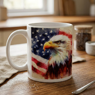 Caneca De Café Retrato Majestoso de Águia Careca com Bandeira Ame