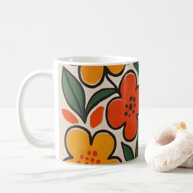 Caneca De Café Retro 1960s Style Floral Pattern (Com Donut)