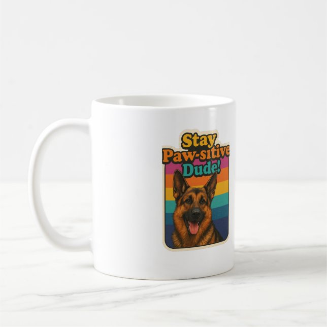 Caneca De Café Retro 90s German Shepherd Sticker “Stay Paw-sitiv (Esquerda)
