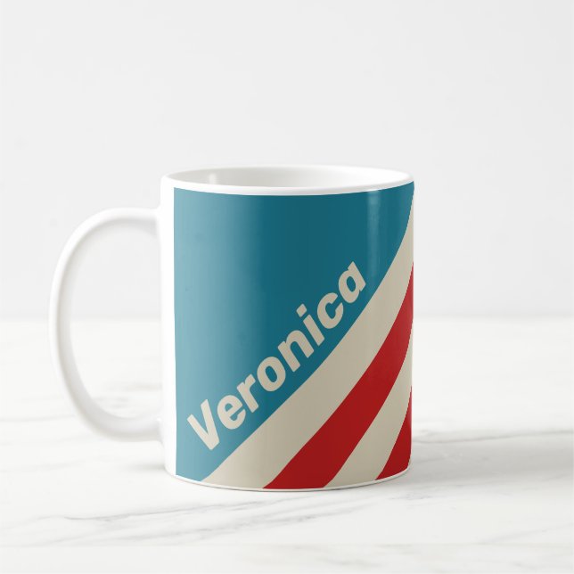 Caneca De Café Retro Aqua Surf Stripes with Name (Esquerda)
