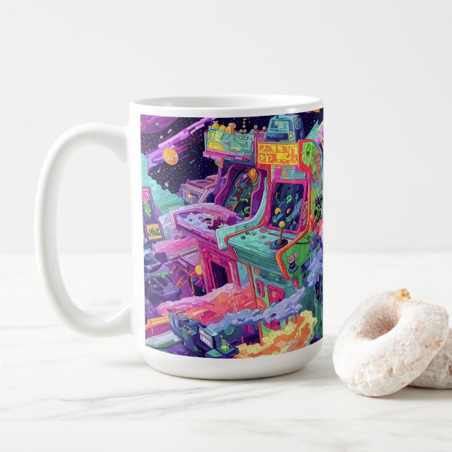 Caneca De Café Retro Arcade Machines in Space (Com Donut)