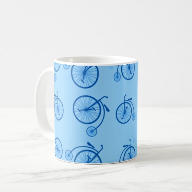 Caneca De Café Retro Bicycle Pattern in Blue Tones  (Frente Esquerda)