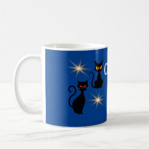 Caneca De Café Retro Black cats with starburst - texto editável