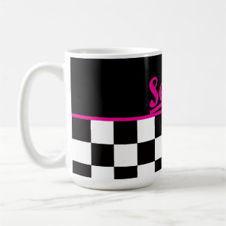 Caneca De Café Retro Black White Neon Pink  "Serve!" Checkerboard