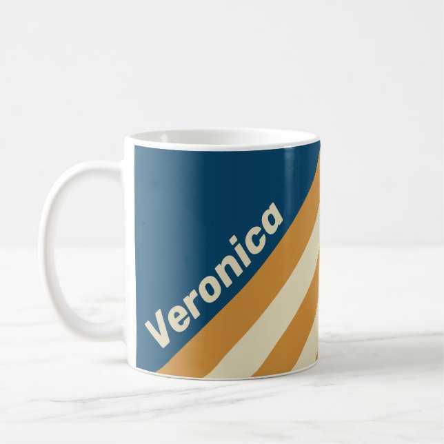 Caneca De Café Retro Blue Wave Stripes with Name (Esquerda)