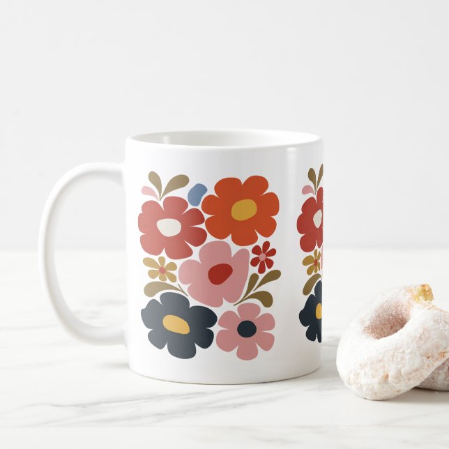 Caneca De Café Retro Boho Floral Médio-Século Moderno (Com Donut)