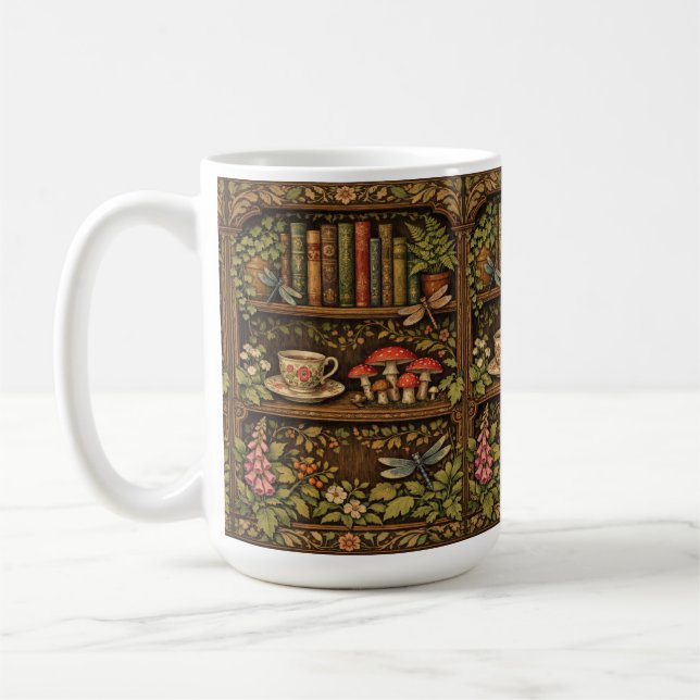 Caneca De Café Retro book shelf mushrooms coffee floral  (Esquerda)
