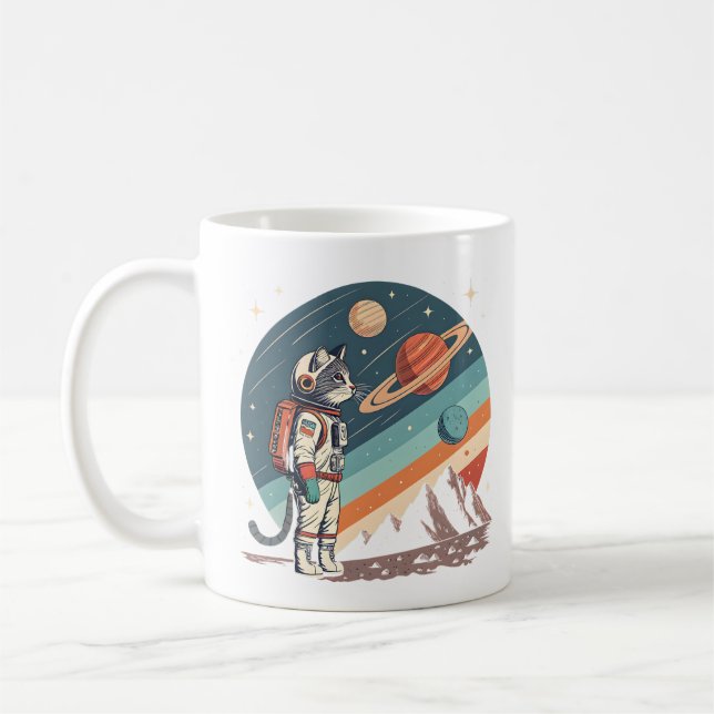Caneca De Café Retro Cat Astronaut Cosmic Space Illustration (Esquerda)