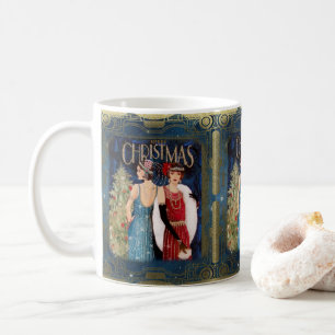 Caneca De Café Retro Damas de Natal Azul Dourado Vermelho