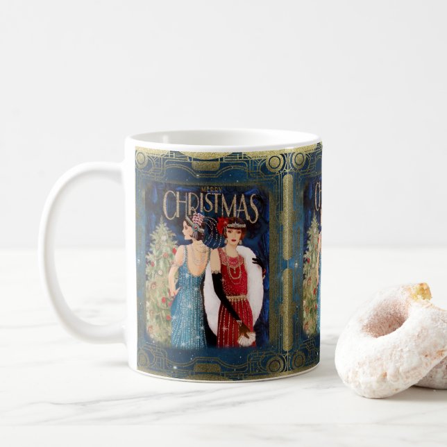 Caneca De Café Retro Damas de Natal Azul Dourado Vermelho (Com Donut)