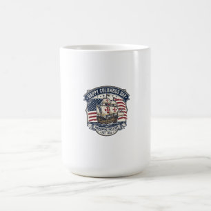 Caneca De Café Retro Feliz Dia de Colombo Navio Caravela e Bandei