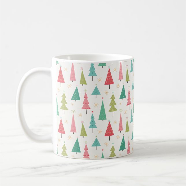 Caneca De Café Retrô Feliz Natal Árvores Divertidas Padrão de Fér (Esquerda)