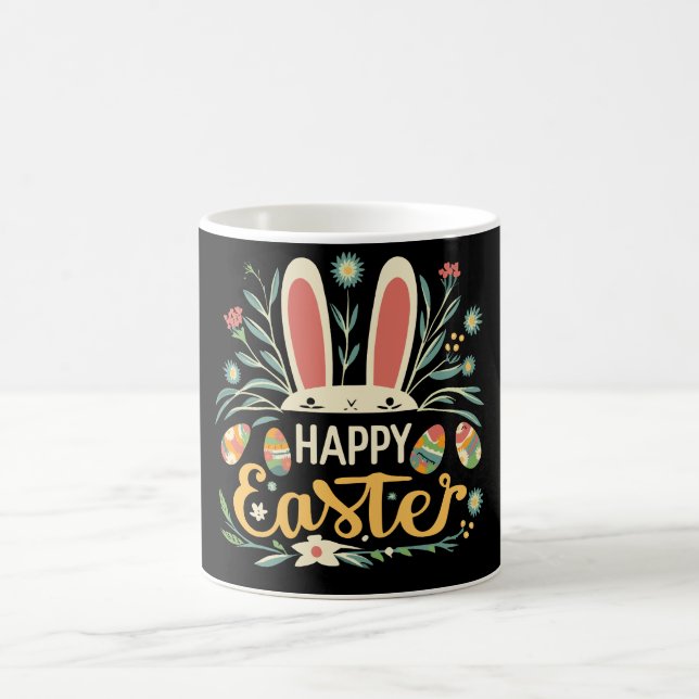 Caneca De Café Retro Floral Happy Easter Bunny Boho Spring (Centro)