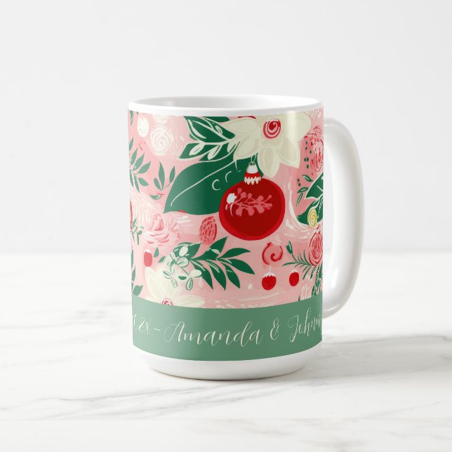 Caneca De Café Retro Floral Pink Green Christmas Mug (Frente Esquerda)
