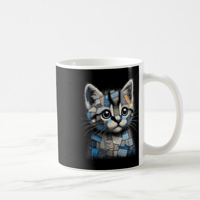 Caneca De Café Retro Funny Denim Patch Animal Cat Print  (Direita)