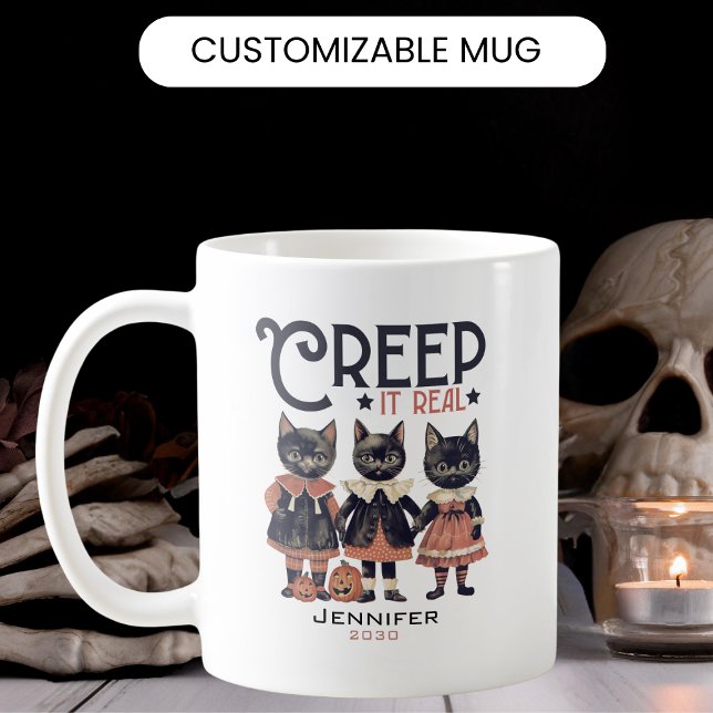 Caneca De Café Retro Gatos Gritam O Halloween Real (Criador carregado)