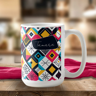 Caneca De Café Retro Geométrico Abstrato Pat#12 Multi Color ID106