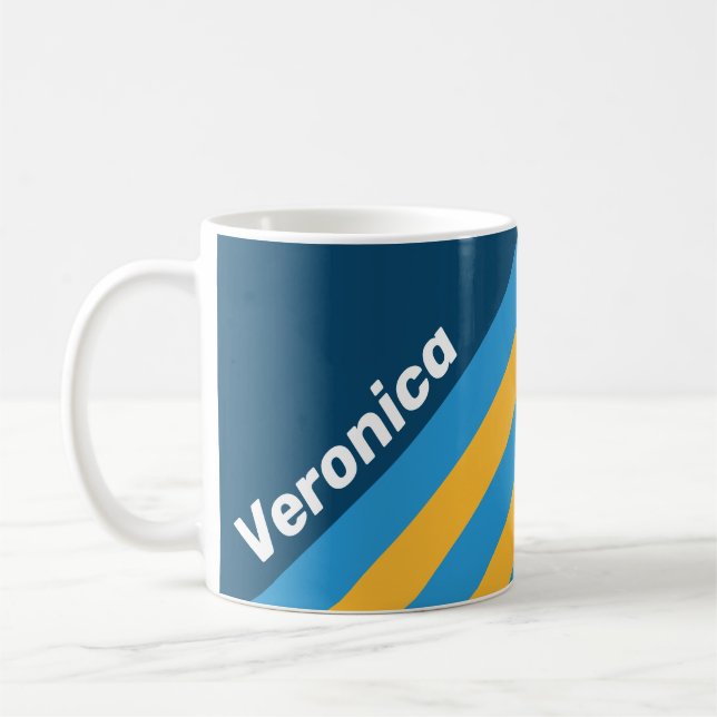 Caneca De Café Retro Navy Blue Stripes with Name (Esquerda)