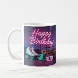 Caneca De Café Retro neon Happy Birthday assina rosa e cor-de-ros