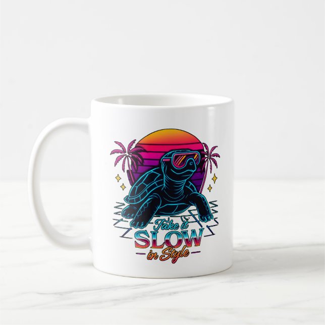 Caneca De Café Retro Neon Turtle Vaporwave Art (Esquerda)