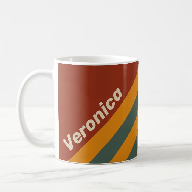 Caneca De Café Retro Orange Rust Stripes with Name (Esquerda)
