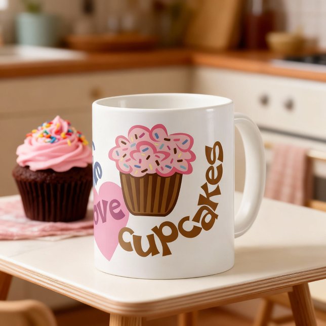 Caneca De Café Retro Peace Love Cupcakes Coffee Mug (Retro coffee mug for home bakers and cupcake lovers.)