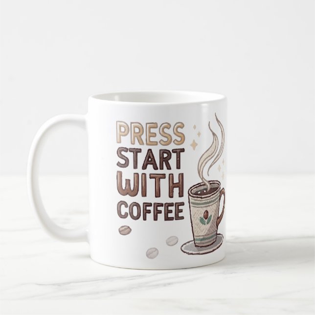 Caneca De Café Retro Pixel Art "Press Start with Coffee" Gamer Mu (Esquerda)