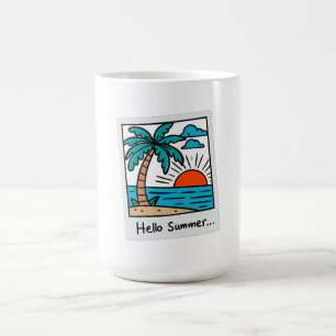 Caneca De Café Retro Polaroid Olá Verão Tropical Praia Pôr do Sol