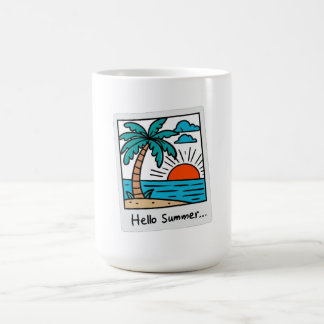 Caneca De Café Retro Polaroid Olá Verão Tropical Praia Pôr do Sol