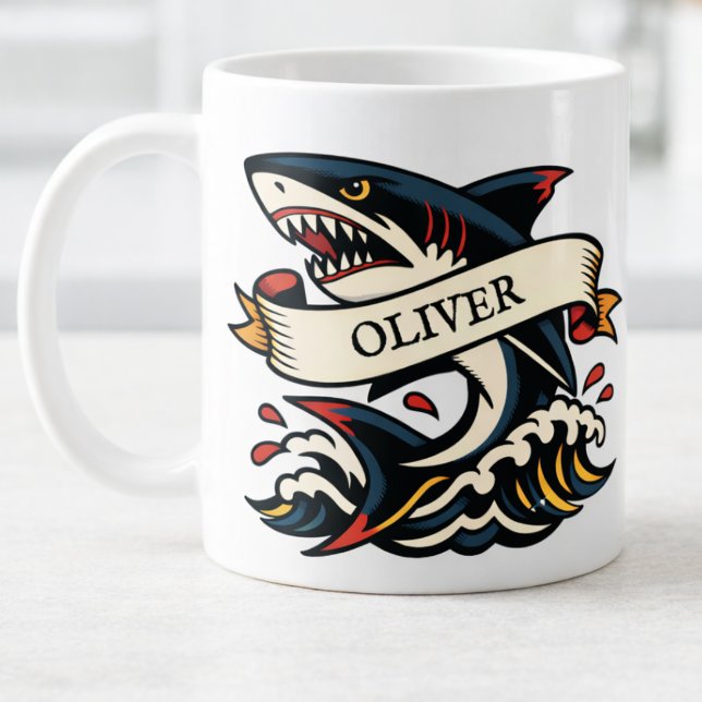 Caneca De Café Retro Shark Tattoo Nautical (Criador carregado)