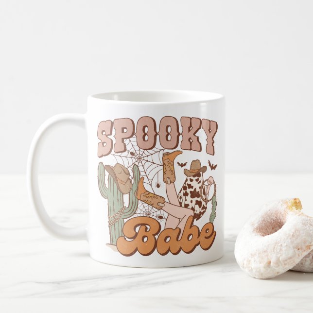 Caneca De Café Retro "Spooky Babe" Estética Ocidental (Com Donut)