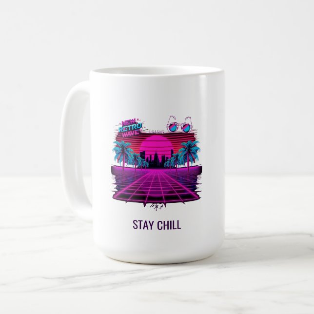 Caneca De Café Retro Synthwave Vaporwave Neon Grid Paisagem dos A (Frente Esquerda)