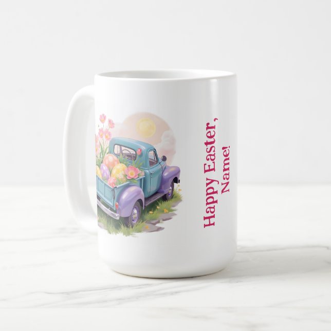 Caneca De Café Retro Teal & Purple Truck with Easter Eggs (Frente Esquerda)