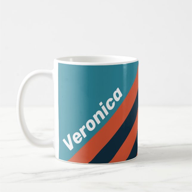 Caneca De Café Retro Teal Splash Stripes with Name (Esquerda)
