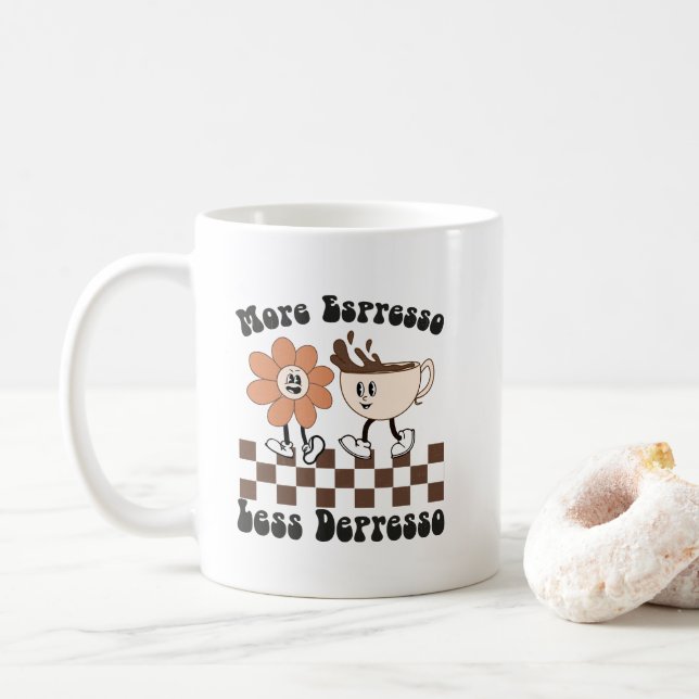 Caneca De Café Retro Tema "Mais Espresso Menos Depresso" (Com Donut)