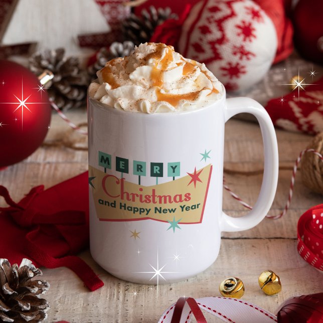 Caneca De Café Retro Vegas Vibe Feliz Alegria de Natal ao Mundo (Side #1)