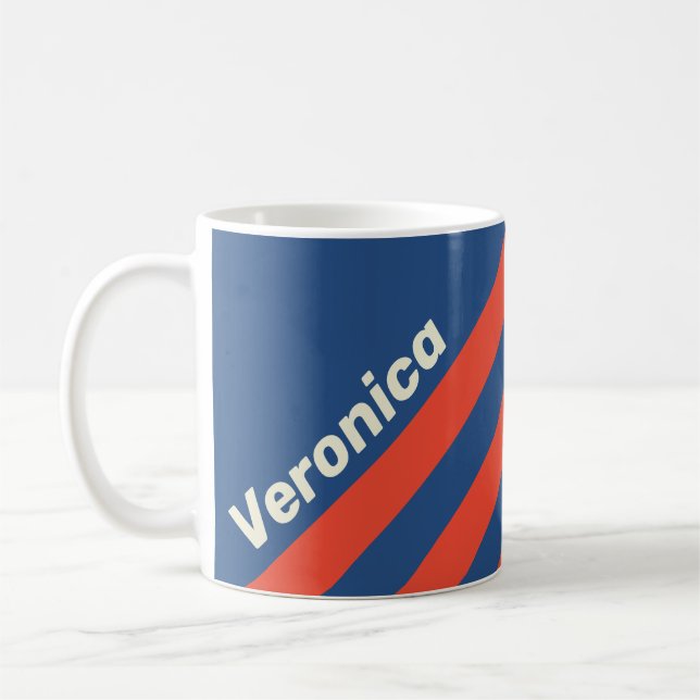 Caneca De Café Retro Vermelho & Azul Três Listras com Nome (Esquerda)