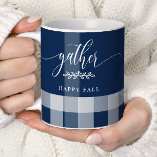 Caneca De Café Reunir Feliz Outono Azul Marinho & Branco Xadrez B