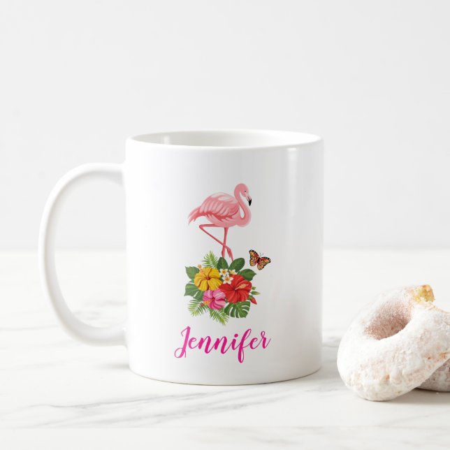 Caneca De Café Rico rosa Flamingo e Hibiscus Tropical (Com Donut)